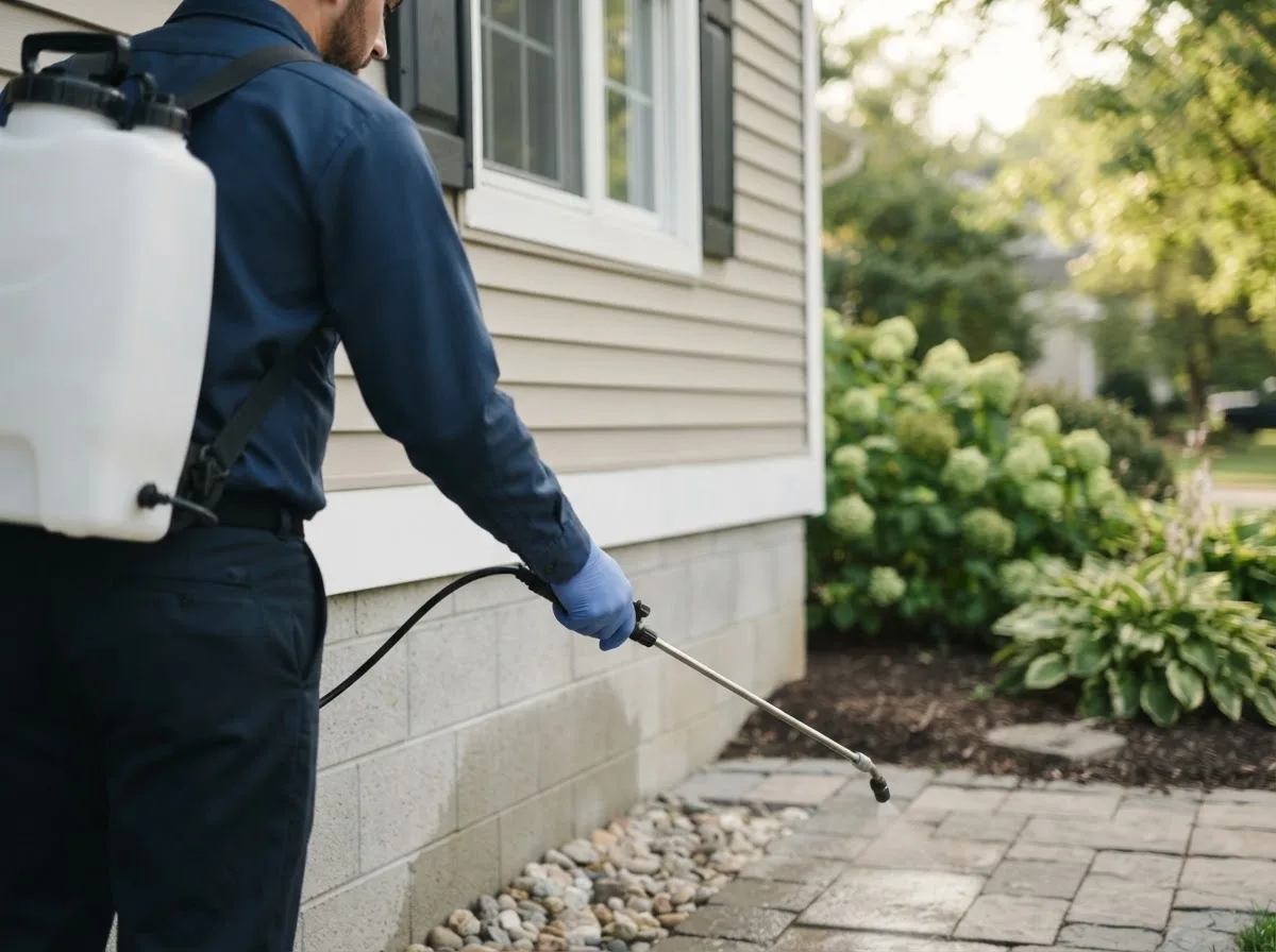 Pest control technician inspecting a home in Ahmeek, MI